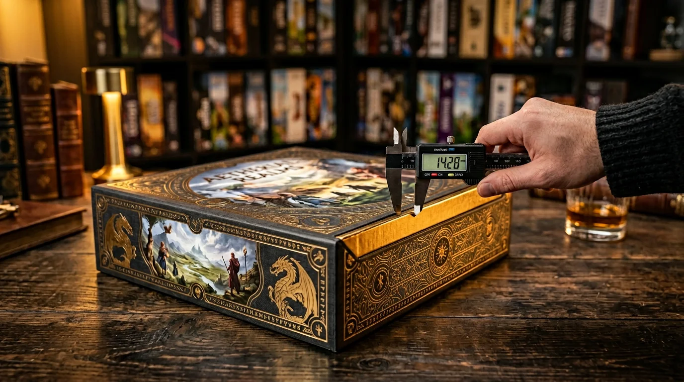 Measuring a premium game box with calipers on a dark desk